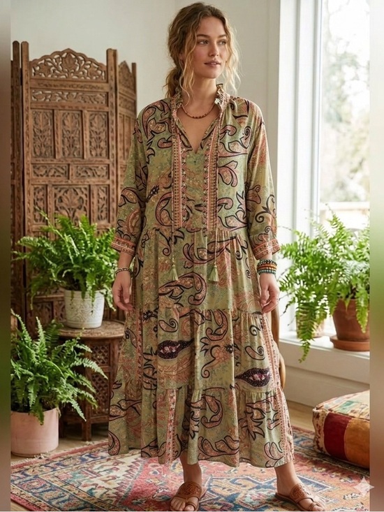 Camille & Co Dresses & Skirts - Camille & Co. Women’s Small (but loose!) Olive green paisley ruffle collar maxi